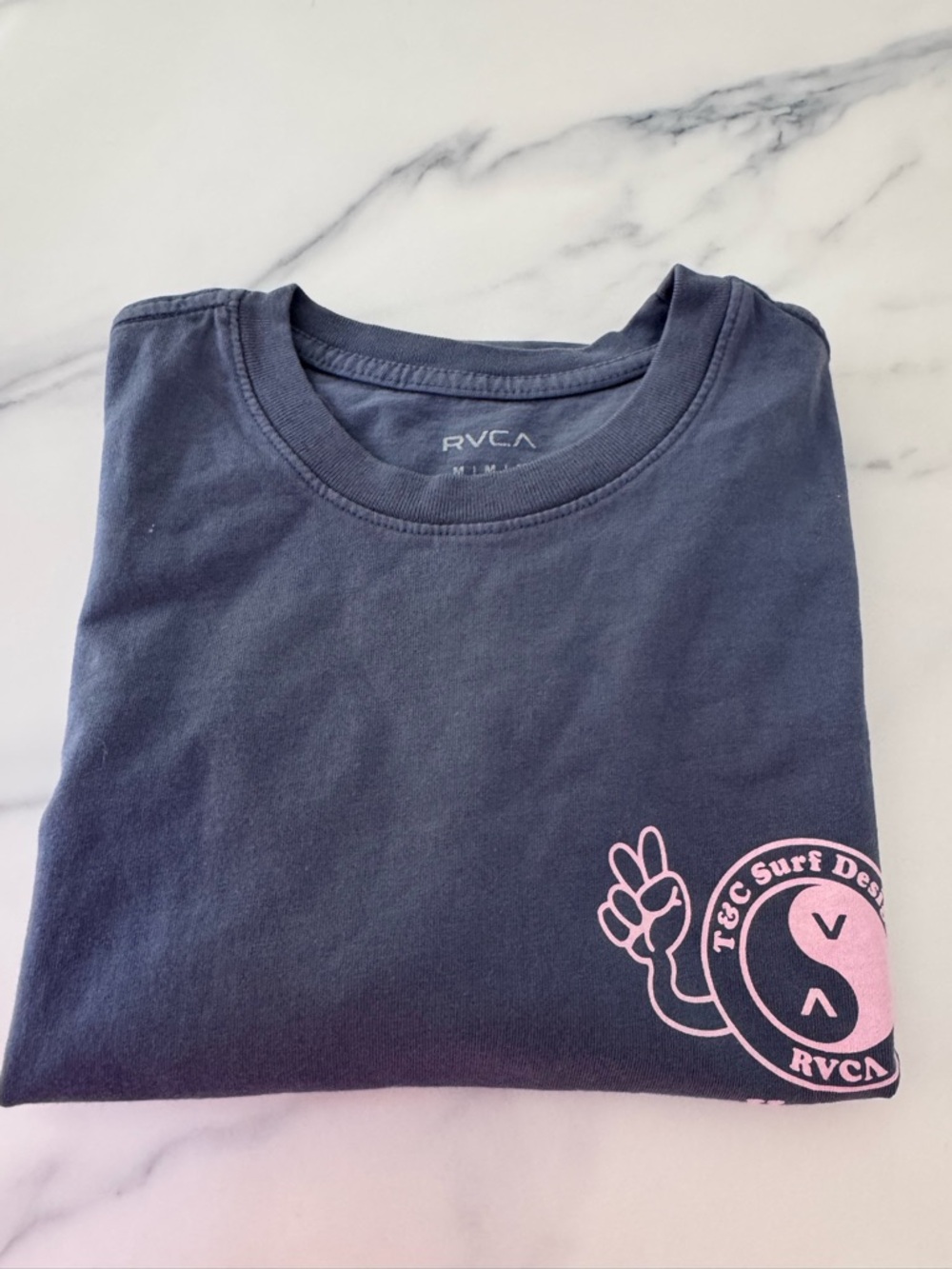 RVCA Navy Tee with Pink Hawaii Emblem - Picture 9 of 10